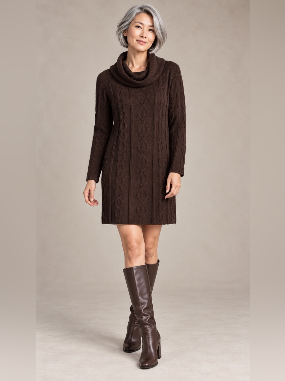Cynthia Rowley Size L Brown Merino Wool Blend Cable Knit Sweater Dress